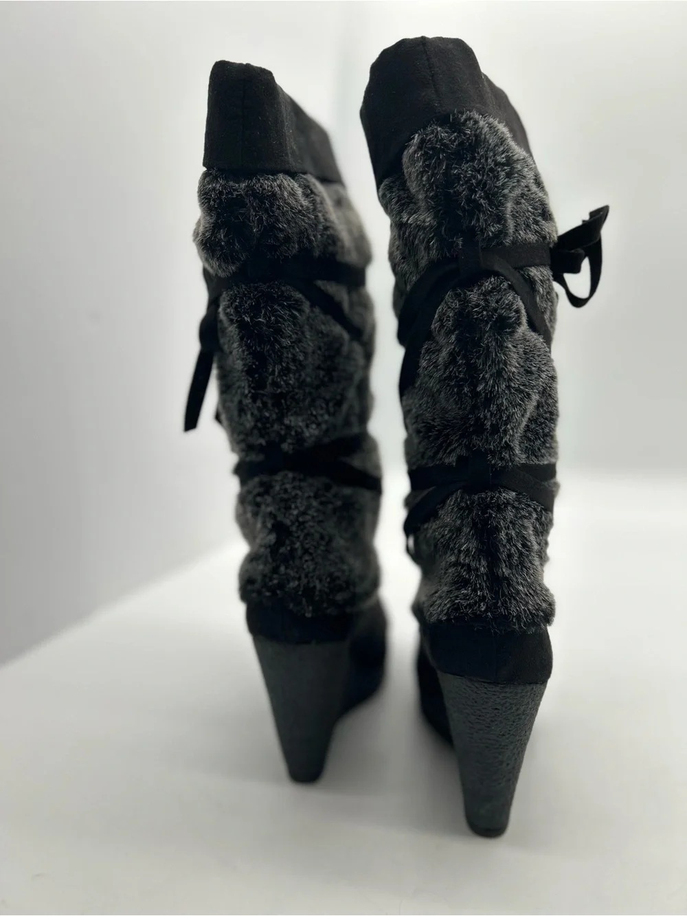 DecreeBlack Faux Fur Crisscross Wedge Winter Knee-High Boots 7 NWOT